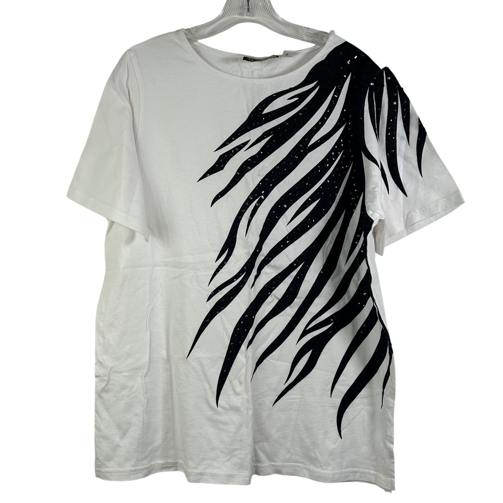 Bob Mackie Wearable Art White Black Zebra Sequin Graphic Tee Shirt Large FLAW
